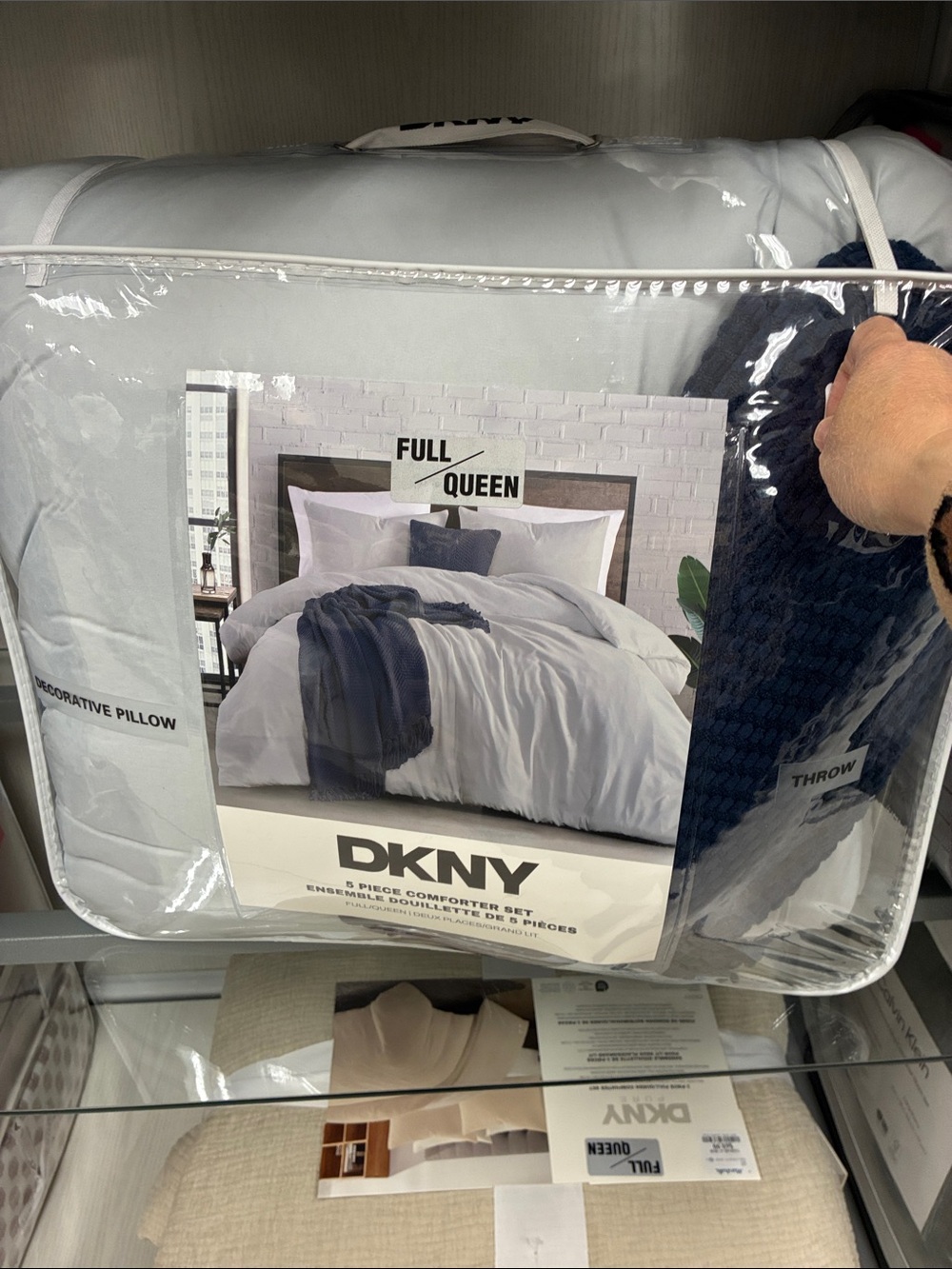 DKNY Grey 5 piece Comforter Set with Navy Throw
